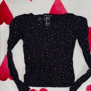 Zara Black Fitted Long Sleeve Blouse with Embellished Details